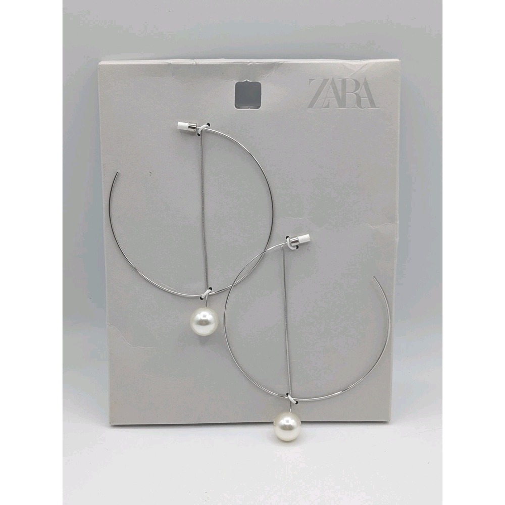 ZARA Silver Tone Open Hoop Earrings with Faux Pearl Pendant Drop Dangle NWT